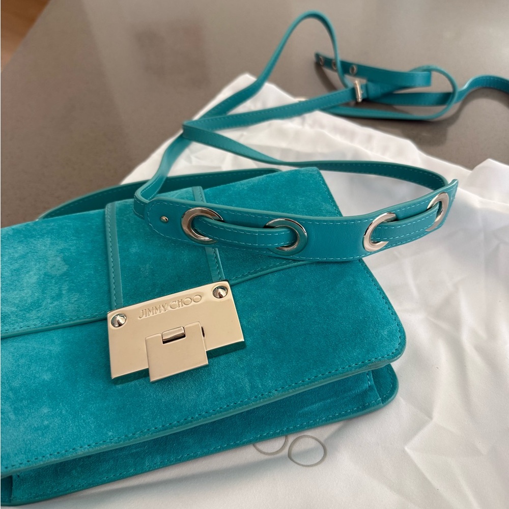 Jimmy Choo Teal Suede Crossbody Shoulder Bag with Silver-Tone Lock - Picture 5 of 5